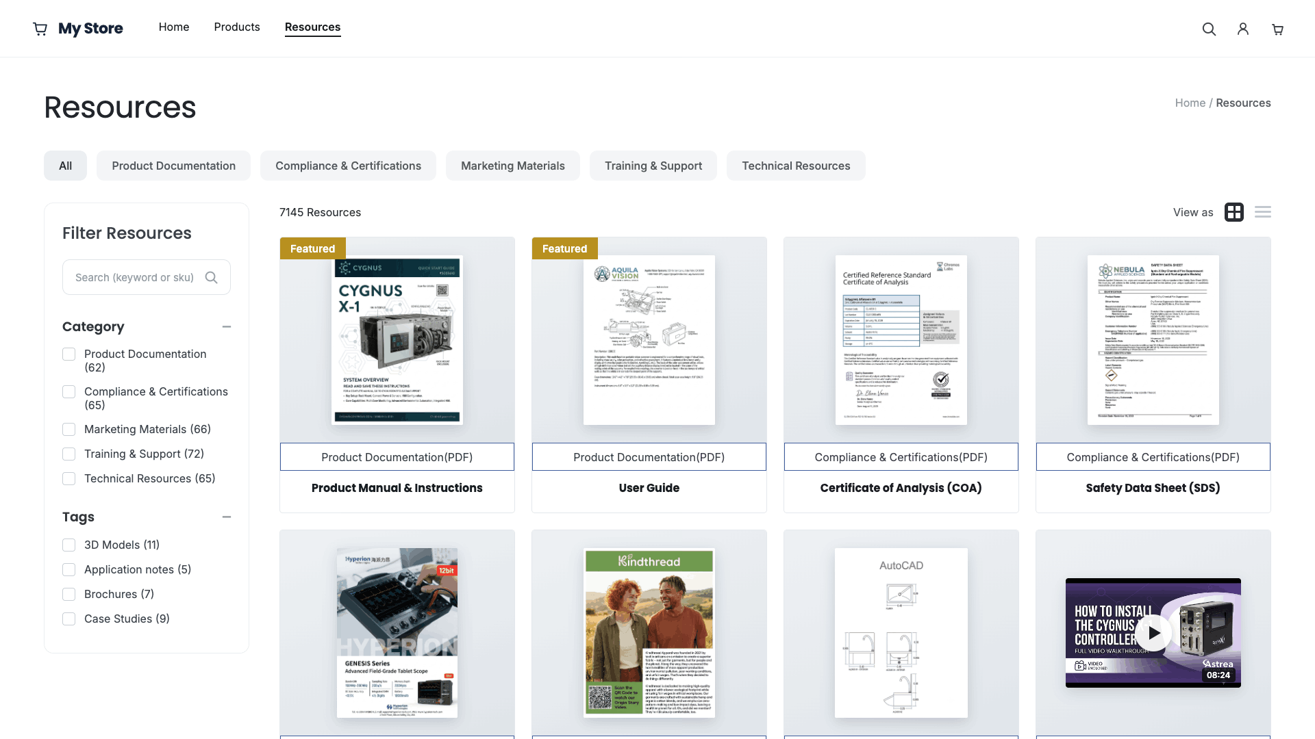 ResourceHub searchable document library on a Shopify storefront with categories, filters, and document cards